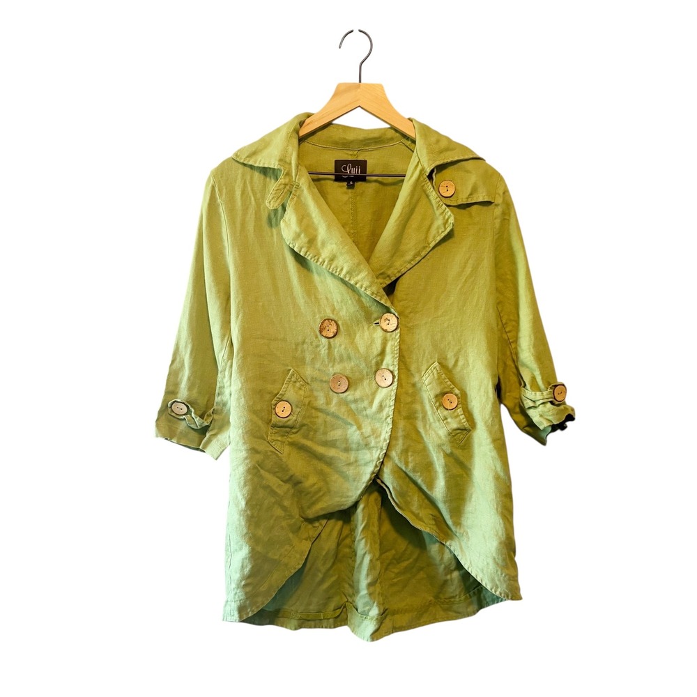 Luii Linen Jacket‎ 3/4 Sleeve Button Down Collared Coat Light Green Womens 8